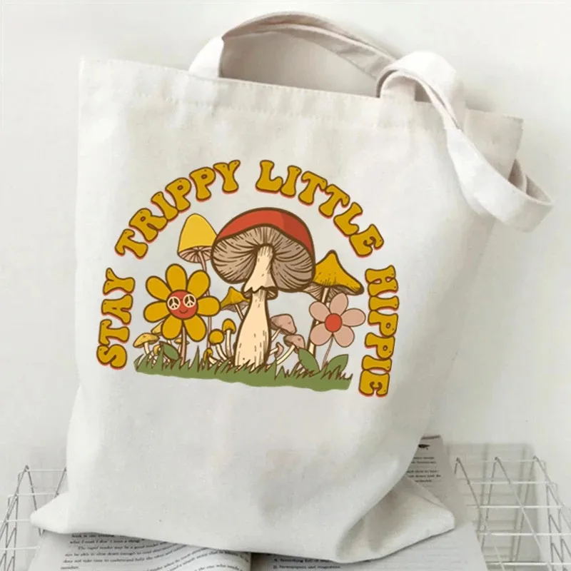 

Женская холщовая сумка Stay Trippy с грибами, повседневная модная сумка на плечо, эко-большая вместительная портативная дорожная винтажная сумка для покупок