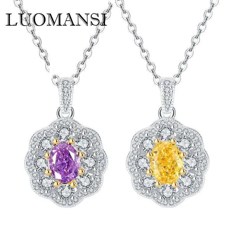 Luomansi Retro 6*8MM Purple High Carbon Diamond Silver Necklace Female S925 Jewelry Wedding Party Commemorative Gift