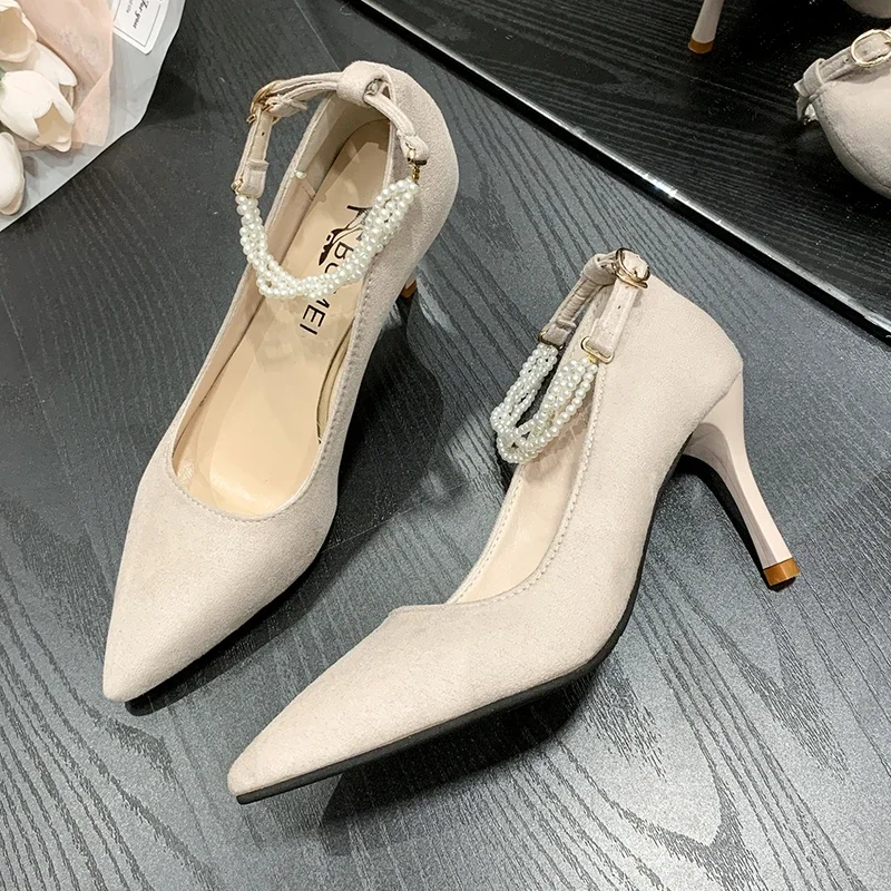 2024 New Fashion Solid Color Pointed Toe Buckle Stiletto High Heels Women's Spring Slip-on Versatile Young Fashion Trend