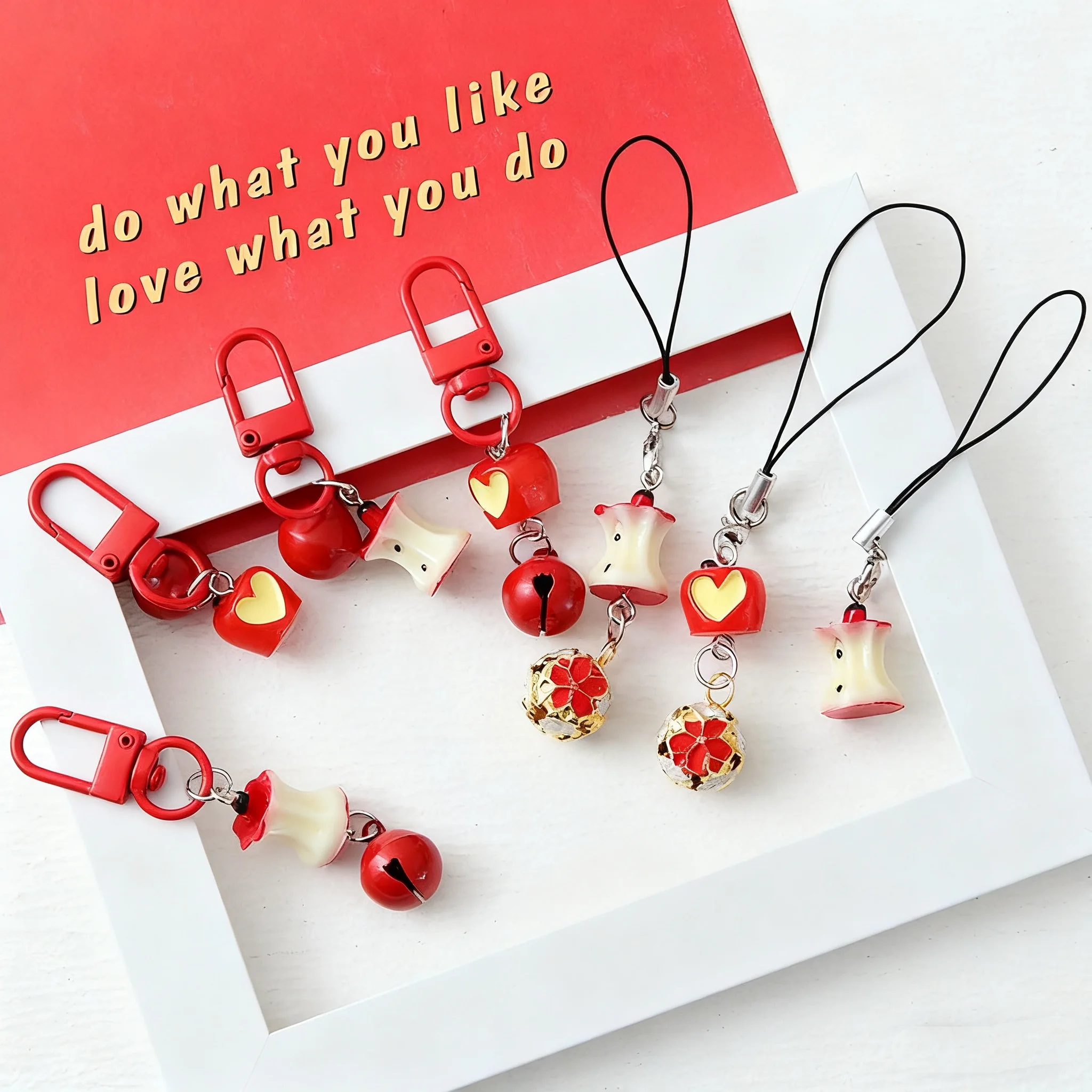 Cartoon Red Apple Keychain Charms Phone Chain Straps Cute Bag Backpack Hanging Pendant Key Chain Keyring For IPhone For Sumsung