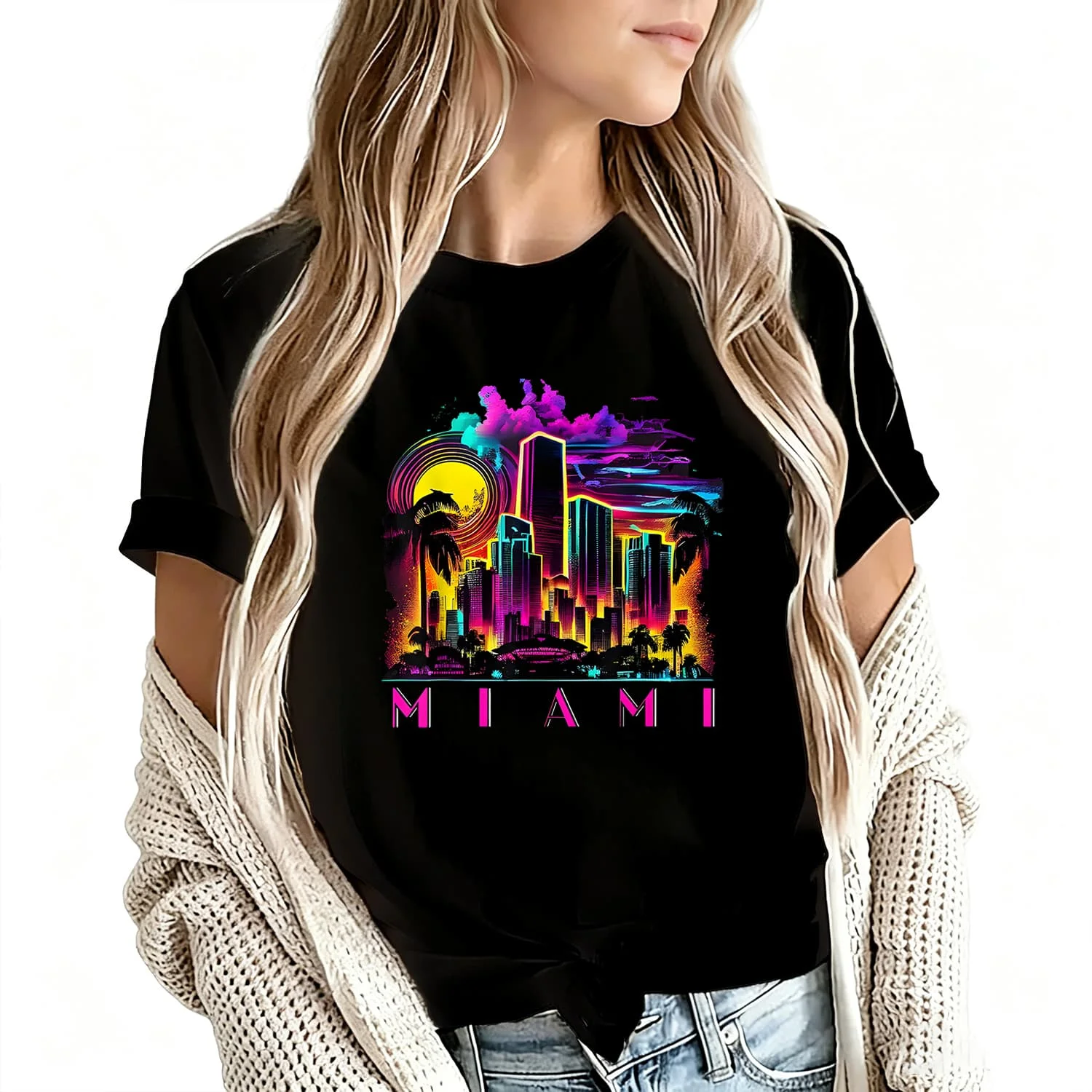 Camiseta Miami Women's T-Shirt 100% Cotton Funny Graphic Short Sleeve Tee Novelty Shirt Casual Crew Neck Top S-5Xl