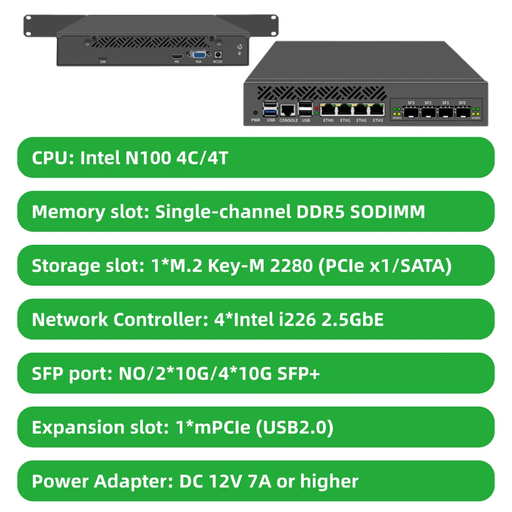 Aparelho de rede de montagem em rack IKuaiOS Intel N100 para servidor Firewall 4LAN 2.5GbE 4 portas 10G SFP + OTS 1264 4L4S