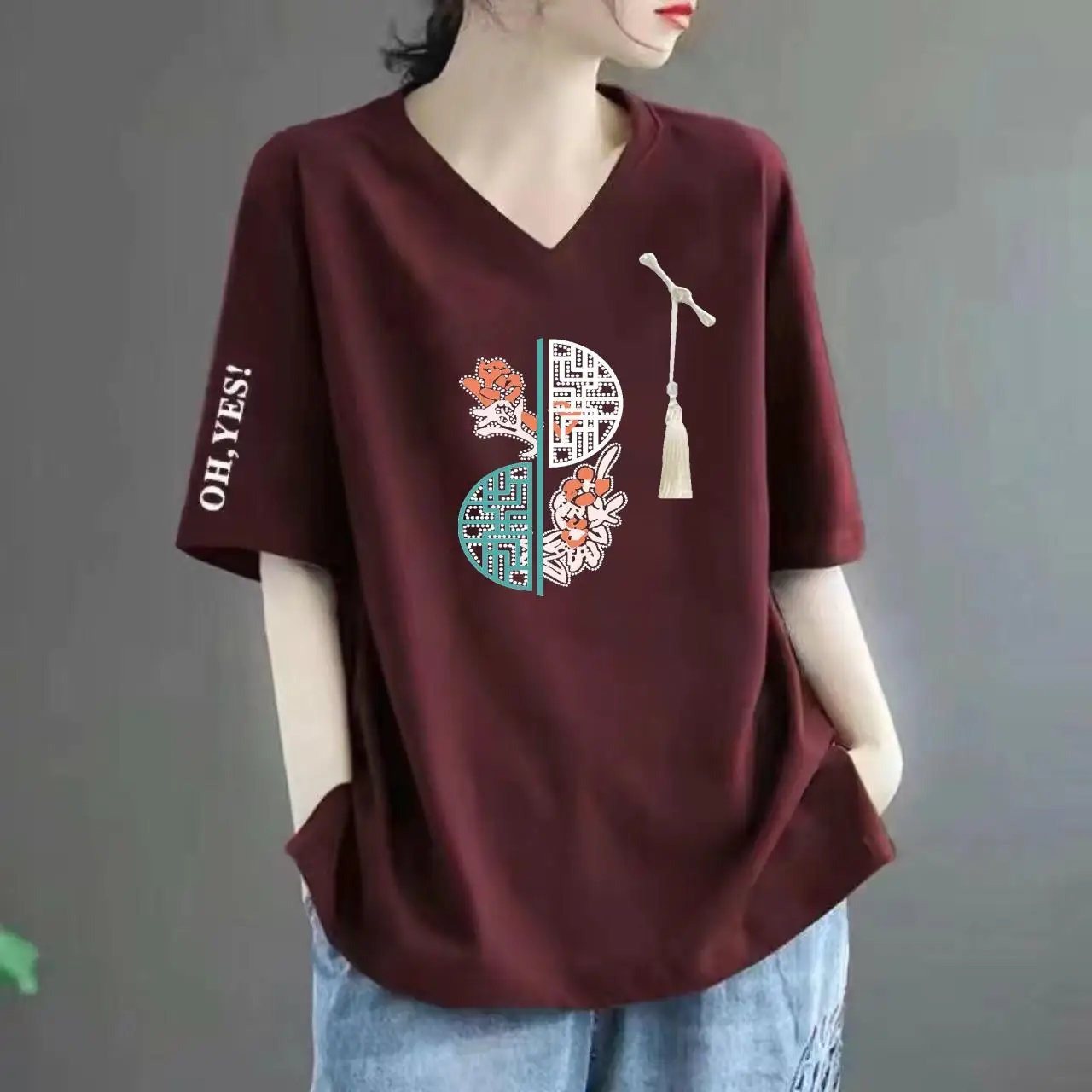 

Новая китайская свободная футболка ort Sve V-Ne, женская повседневная удобная футболка больших размеров, модный летний наряд