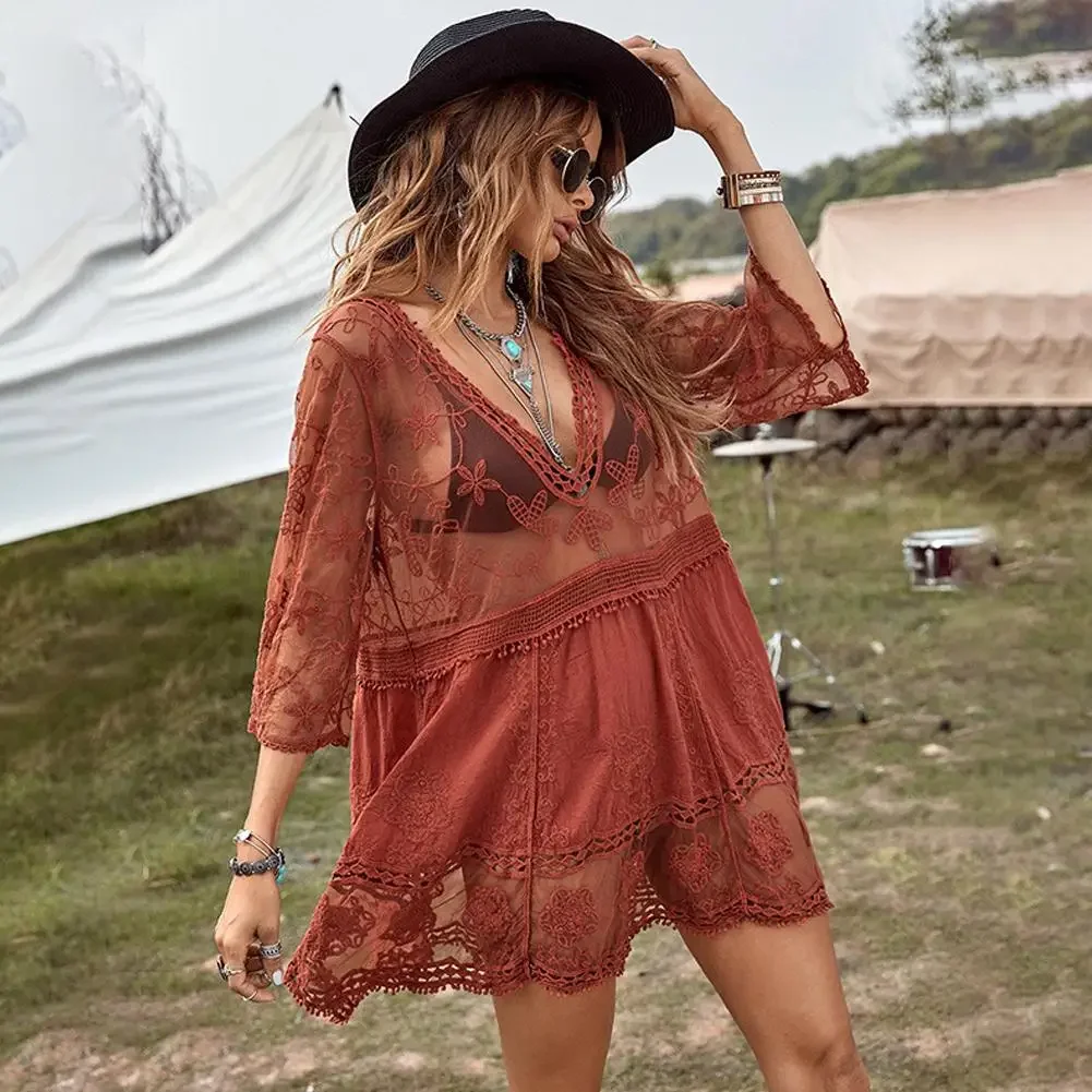 Conjunto de traje de baño Sexy de malla para mujer, traje de baño con cuello en V profundo, Vestido de manga corta para playa, ropa calada de encaje