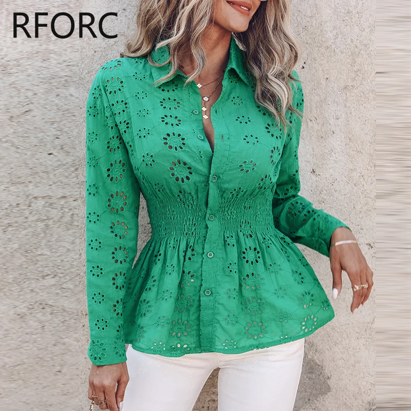 2024 Women Long Sleeves Hook Flower Hollow Button Turn Down Neck Ruffle Hem Blouse Shirt Top