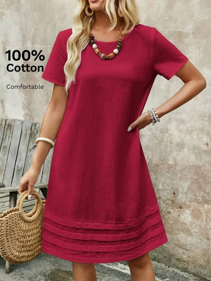 

Женское однотонное хлопковое платье свободного кроя с круглым вырезом и короткими рукавами
