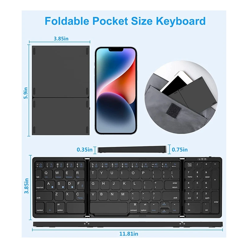 Foldable Bluetooth Keyboard, USB Rechargeable Wireless Keyboard For IOS, Android, Windows PC Laptop Smartphone