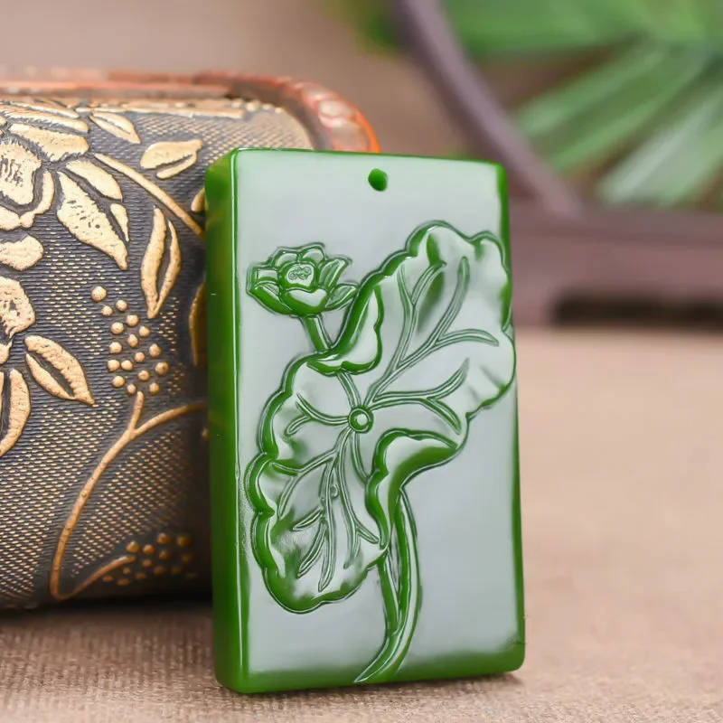 

Chinese Natural Green Jade Lotus Pendant Necklace Hand-carved Charm Jadeite Jewelry Fashion Amulet Gifts for Women Men