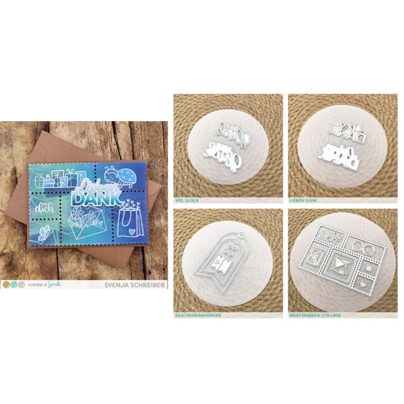 Collage Geschenk Anhänger Lieben Dank Happiness Metall Stanzform Scrapbook Tagebuch Dekoration Schablone Prägevorlage DIY Gruß