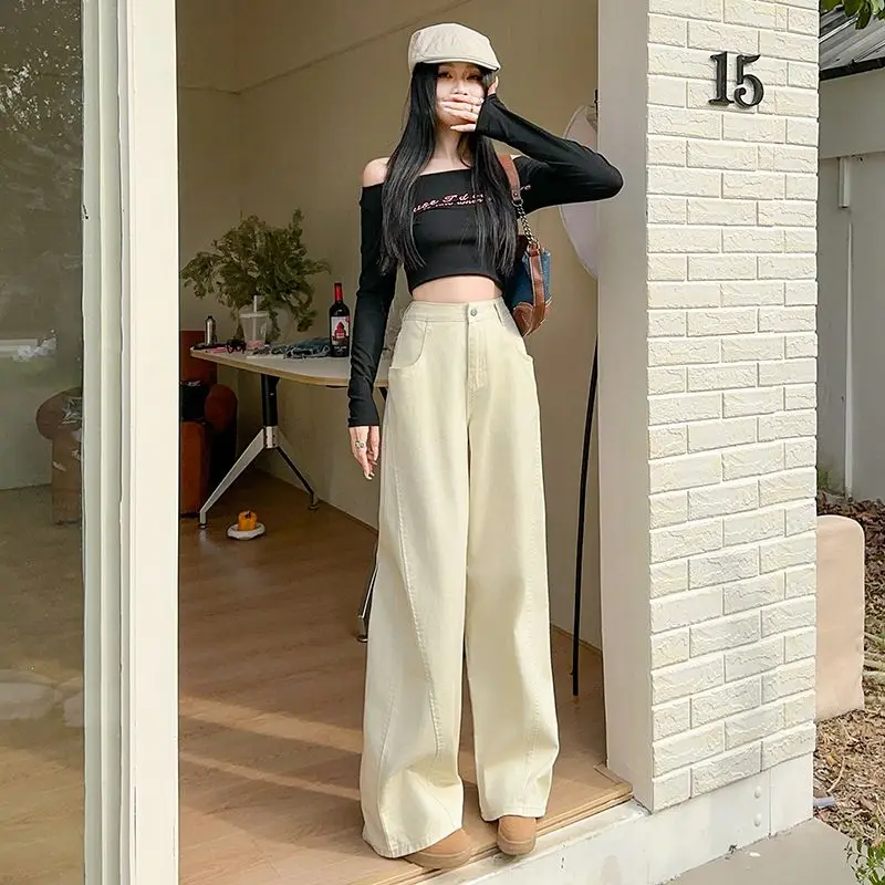 2025 Spring Women's Off-White Wide Leg Jeans - High Waist Straight Leg Denim Trousers with Draping Style