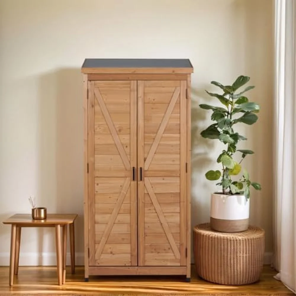 Outdoor Storage Cabinet Wooden Garden Tools Shed with 2 Lockable Doors 3 Adjustable Shelves Tall Vertical Tool Cabinet