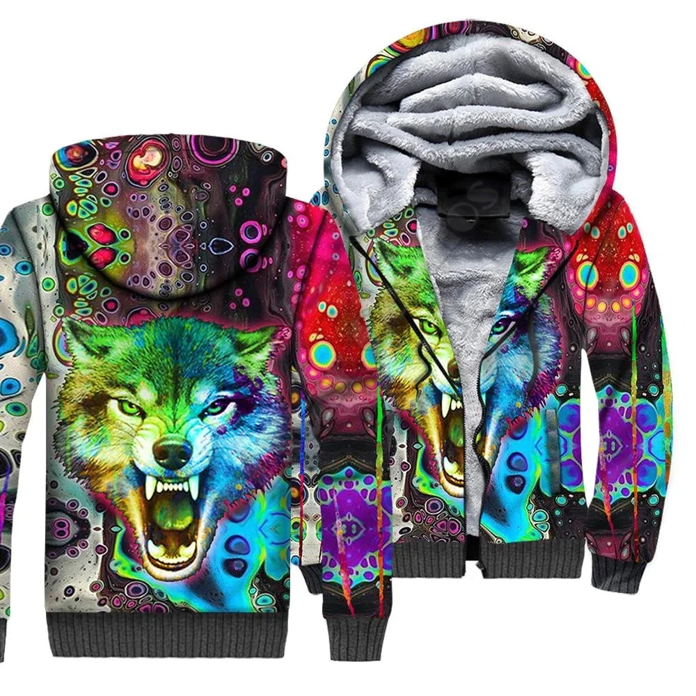 Sudaderas con capucha con cremallera de forro polar con estampado 3D de animales de lobo para hombres y mujeres, chaqueta de terciopelo doble más cálida de invierno, disfraces de Cosplay JR09