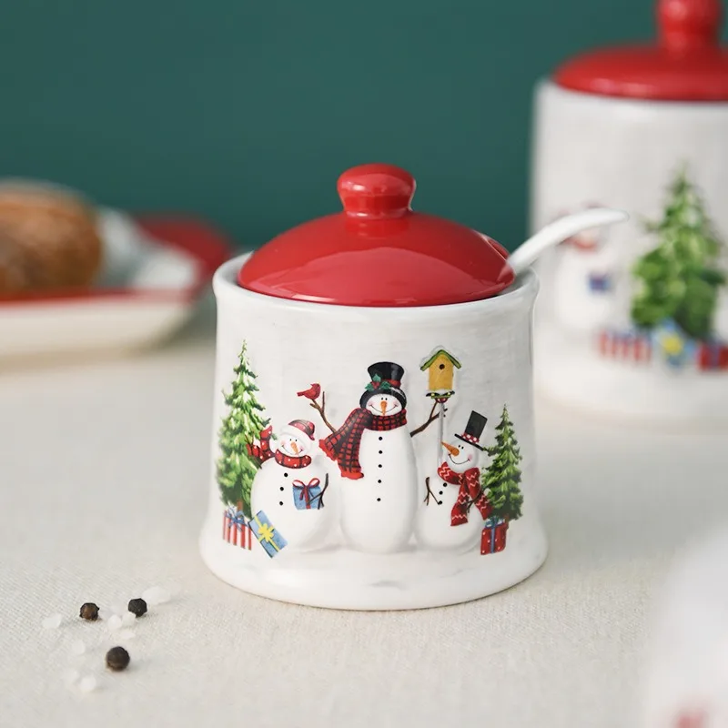 

Керамическая банка для приправ скандинавского Санта-Клауса, креативная фарфоровая бутылка для приправ с рельефным снеговиком для хранения соли, сахара и MSG