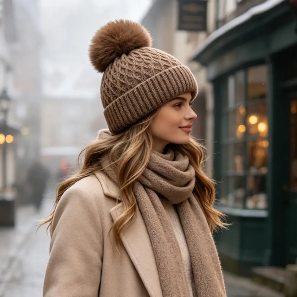 Gorro de punto grueso y cómodo para el invierno, con diseño de trenzas y forro polar, con pompón, gorro elástico y acogedor para mujer, ideal para mantenerse abrigada.