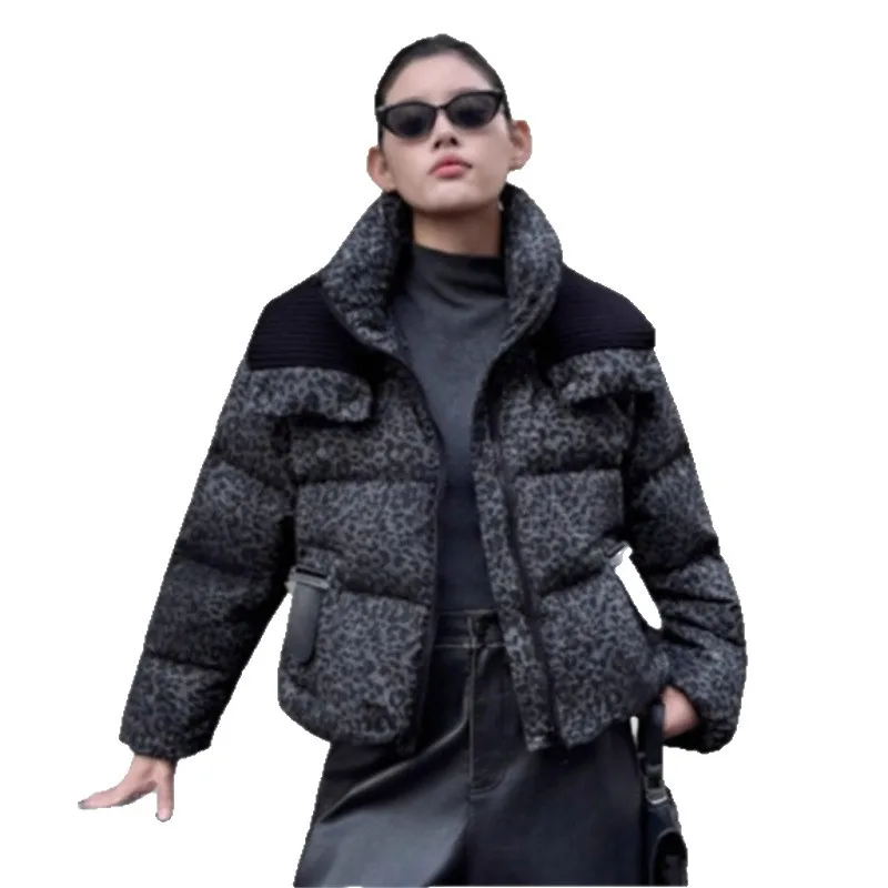 Winter Women's Down Jacket Commuting Leopard Print White Duck Down Short Jacket