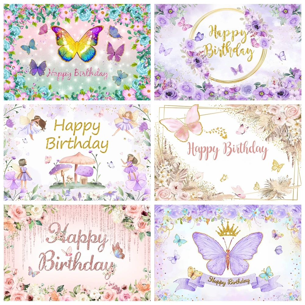 

Dreamy Butterfly Theme Photography Child Birthday Party Baby Shower Purple Flowers Banner Background Decoration Photo Studio