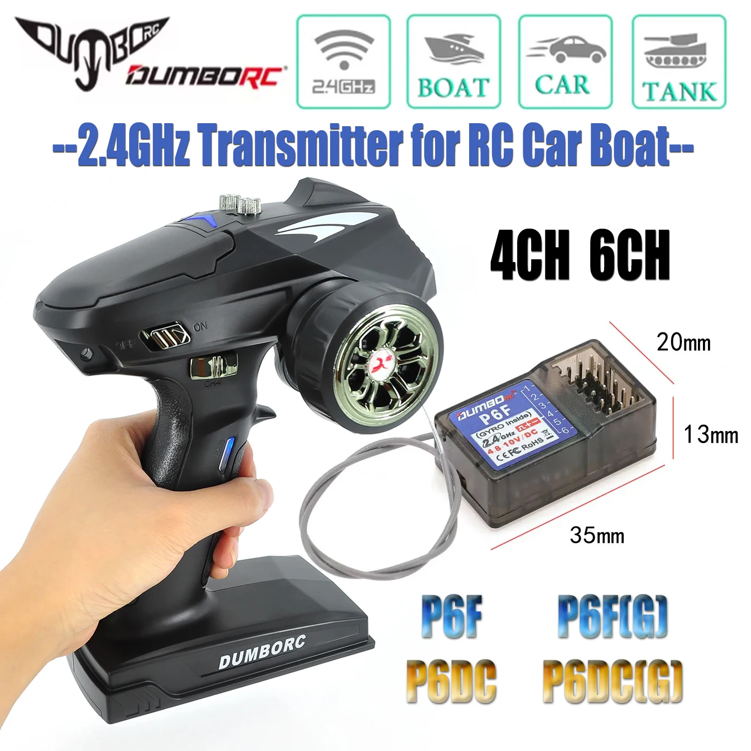 DUMBORC X6 X4 2.4G 4CH 6CH Transmitter P6F P6FG P6DCG Gyro Receiver LED Light for 1/10 1/8 RC Car Crawler Axial SCX10 D90 Boat