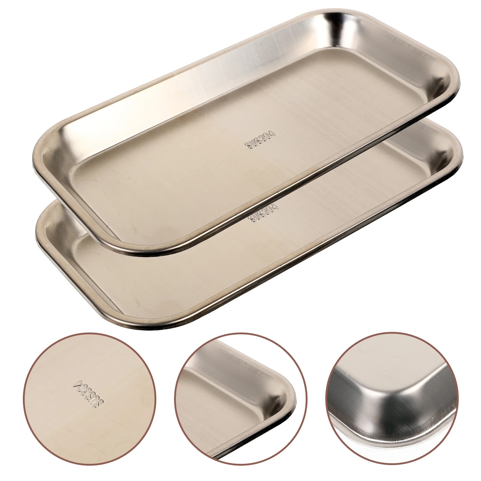 2Pcs Stainless Steel Instrument Tray 304 Professional Dental Flat Thick Reusable Rounded Edge Tray for Surgery Food