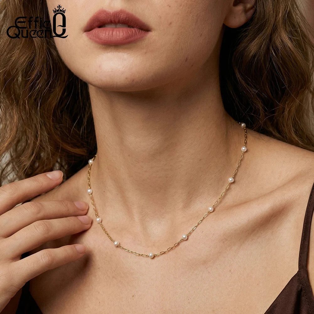 

Effie Queen 925 Sterling Silver Natural Pearl Necklace for Women Daily Paperclip Chain with Pearls Temperament Jewelry GPN104