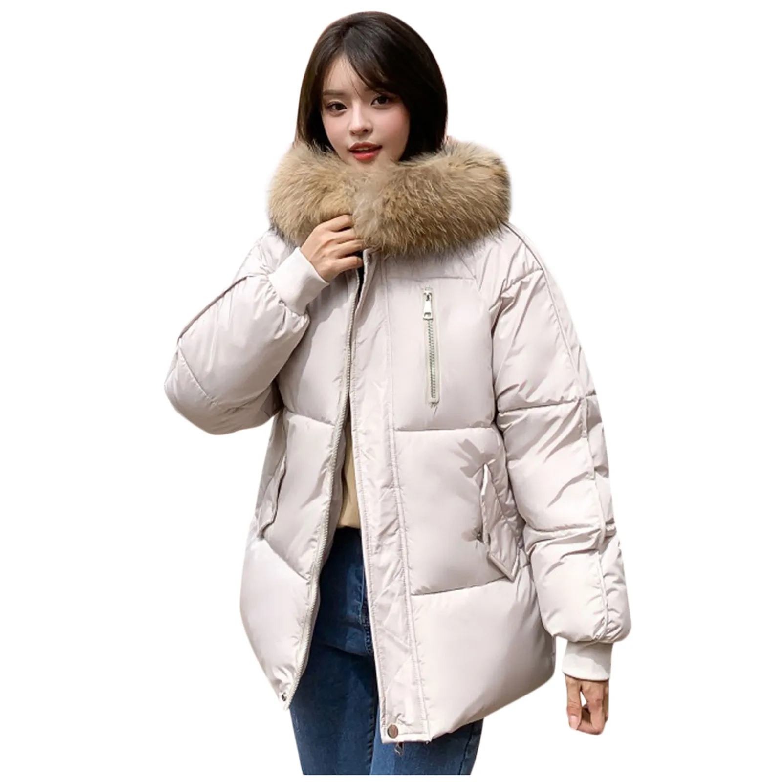 Fashion 2024 jaket empuk bawah pendek wanita, mantel musim dingin ukuran besar kerah bulu bertudung parka pakaian luar Korea perempuan