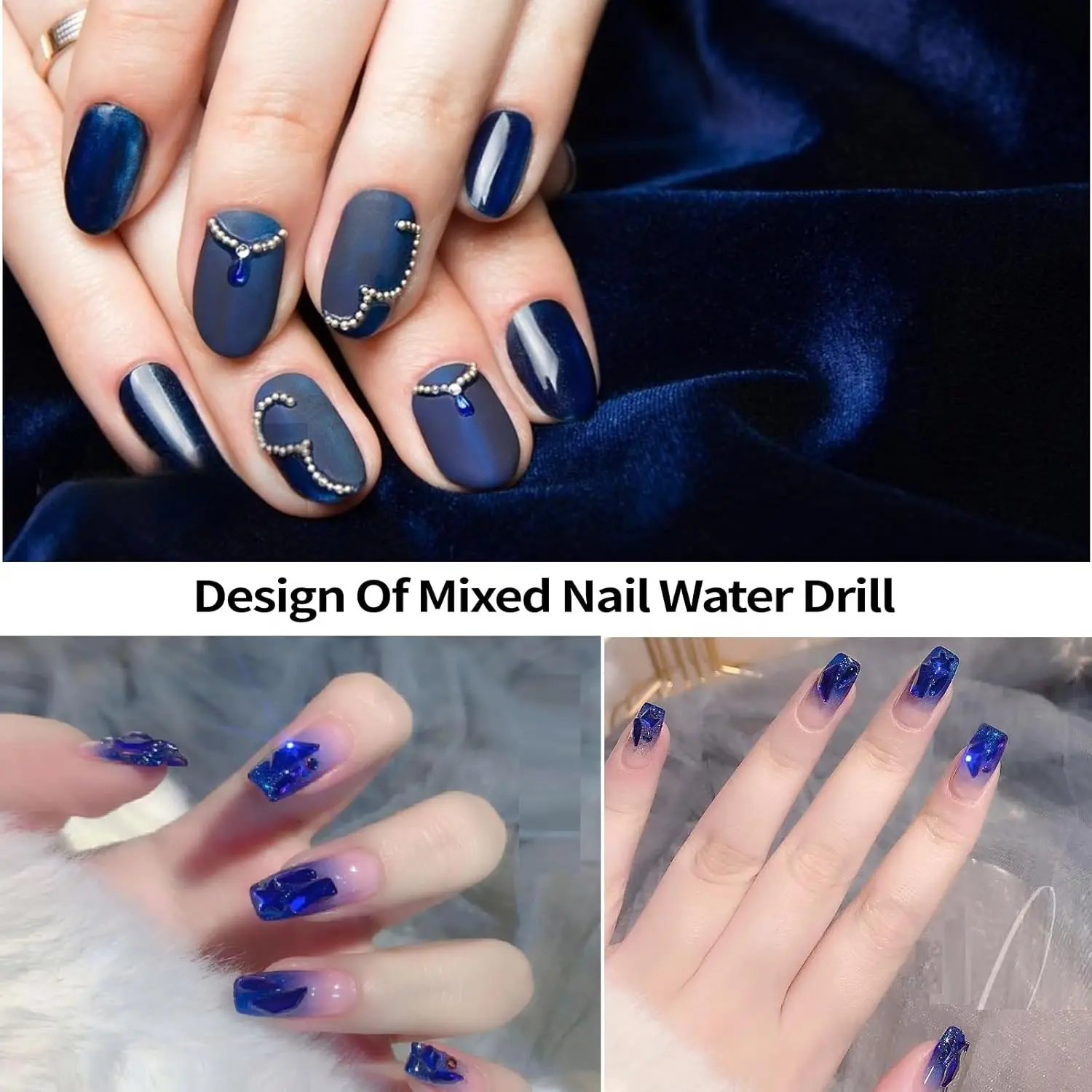 12 grades de strass azul real para decoração de unhas, fundo plano, formato especial, acessórios para unhas com pinça, caneta de broca