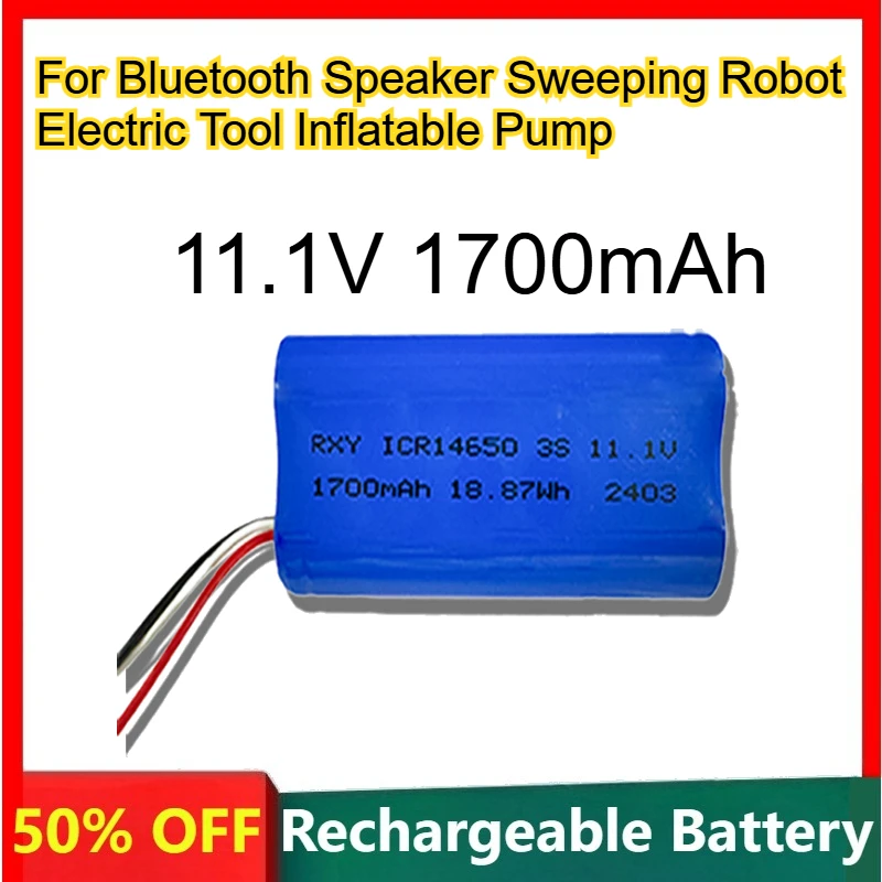 

14650 Lithium Battery Pack 11.1V 1700mAh for Bluetooth Speaker Sweeping Robot Electric Tool Inflatable Pump Rechargeable Battery