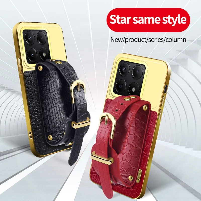 

Wrist Strap Crocodile PU Leather Cases For Poco X6 X5 X4 X3 GT X7 Pro 5G With Stand Holder Shockproof Silicone Cover Phone Case