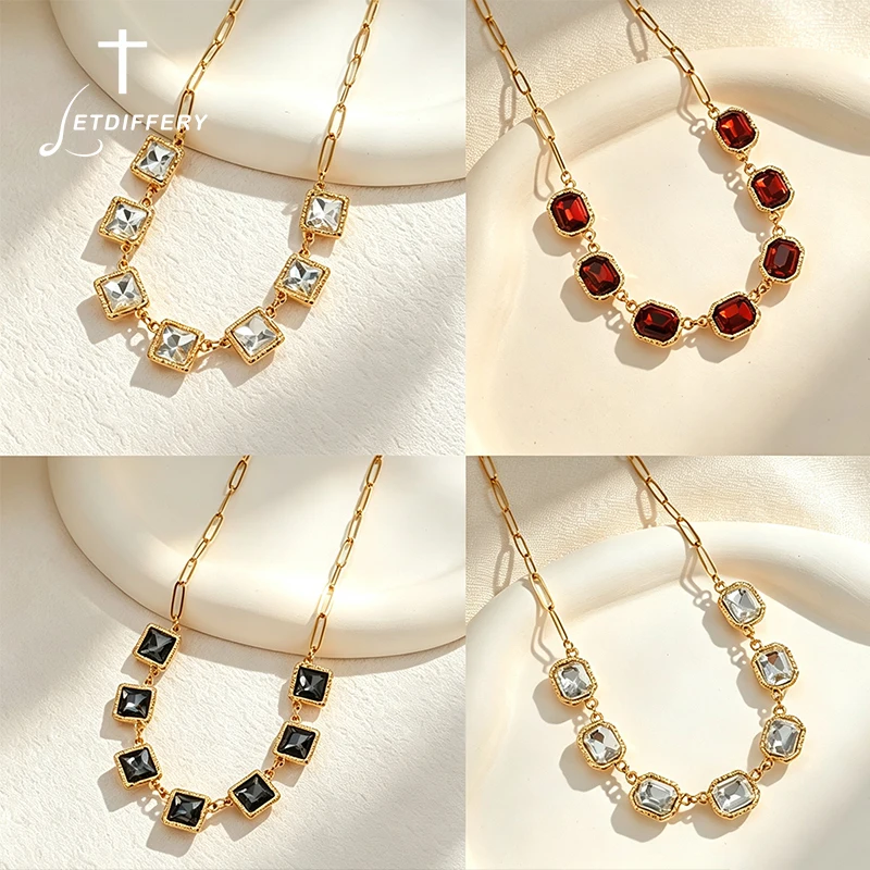 Letdiffery Vintage Square Zircon Trendy Necklace for Women Gold Plated Stainless Steel Rectangle Colorful Choker Party Gifts