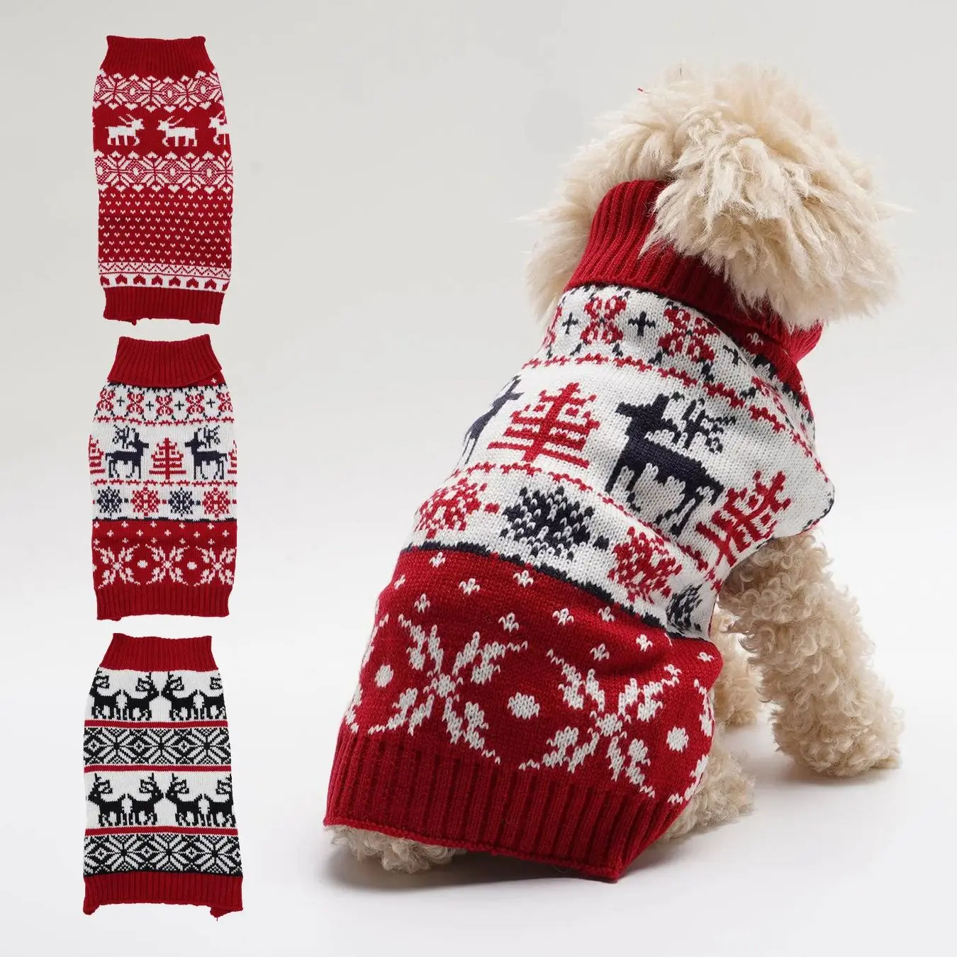 3 Pack Pet Clothes Deer Retro Pattern Heart Red Christmas Tree Turn-down Collar Knitted Dog Sweater