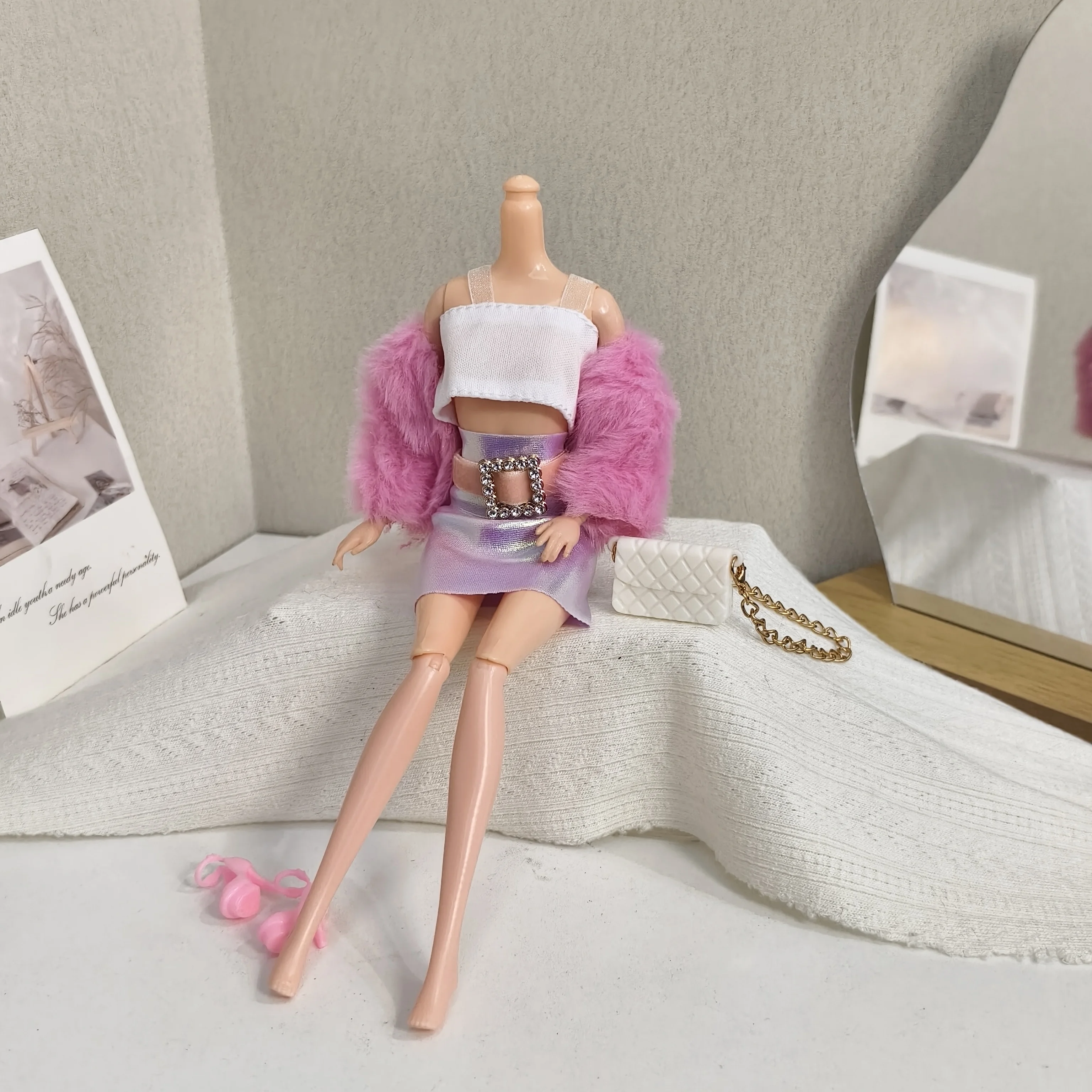 Y2K Pink Sweet Plush Short Jacket + Vest + Shiny Short Skirt Set For 1/6 FR Babi Supermodel Doll 30cm Doll Clothes Accessories