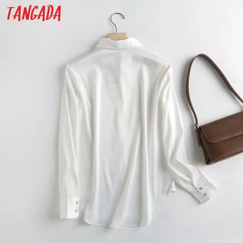 Tangada women solid satin shirts long sleeve solid turn down collar elegant office ladies high quality tops blouses 4C55