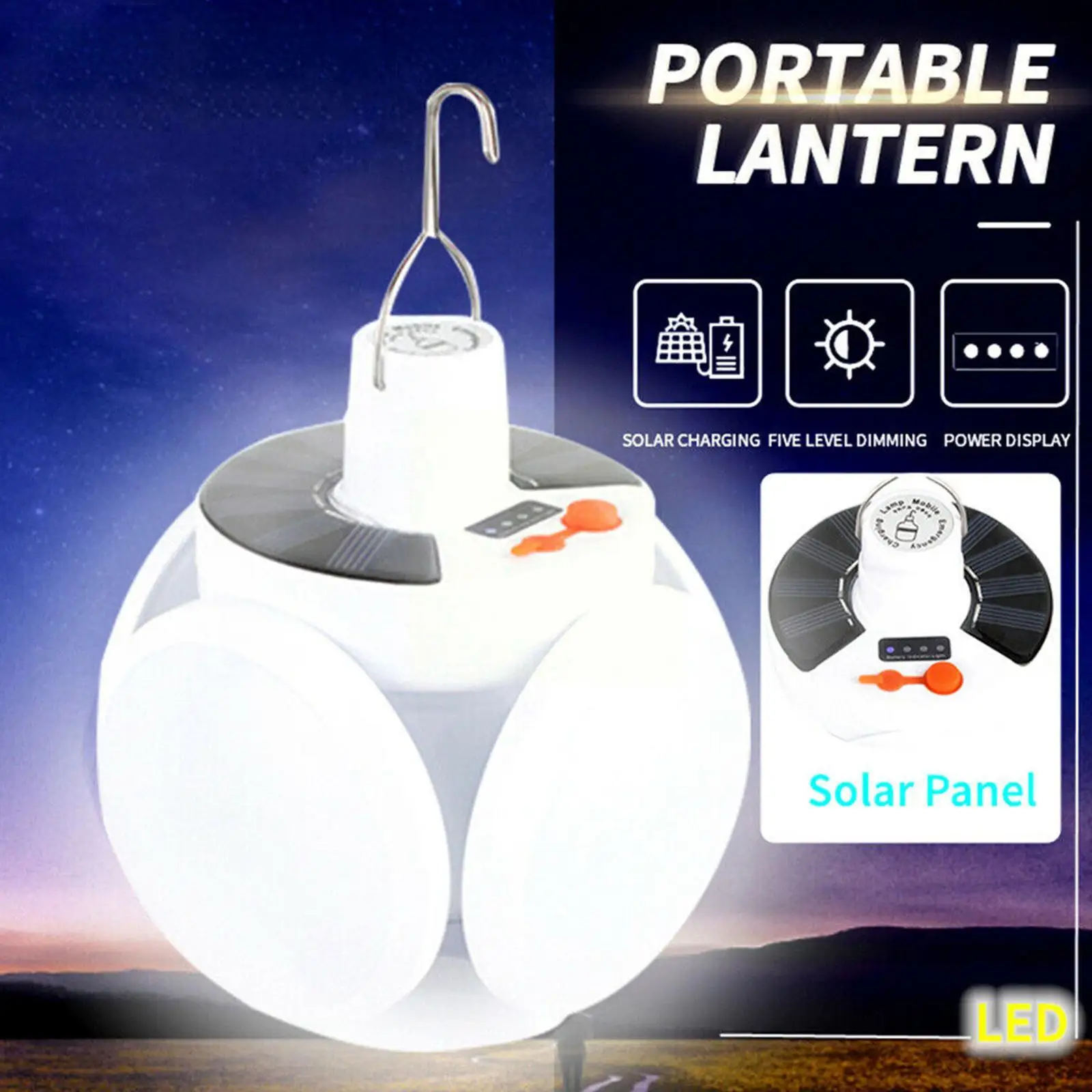 مصباح LED محمول مقاوم للماء للطاقة الشمسية ، لمبة قابلة للطي ، ضوء في الهواء الطلق ، أضواء الطوارئ ، الشحن ، التخييم ، الإضاءة الشمسية ، USB