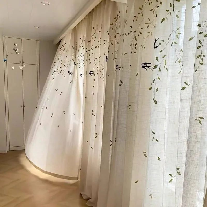 

1piece American Pastoral Swallow Willow Leaf Semi-Sheer Curtain For Living Roomn Bedroom Homestay Farmhouse Retro Home Decor