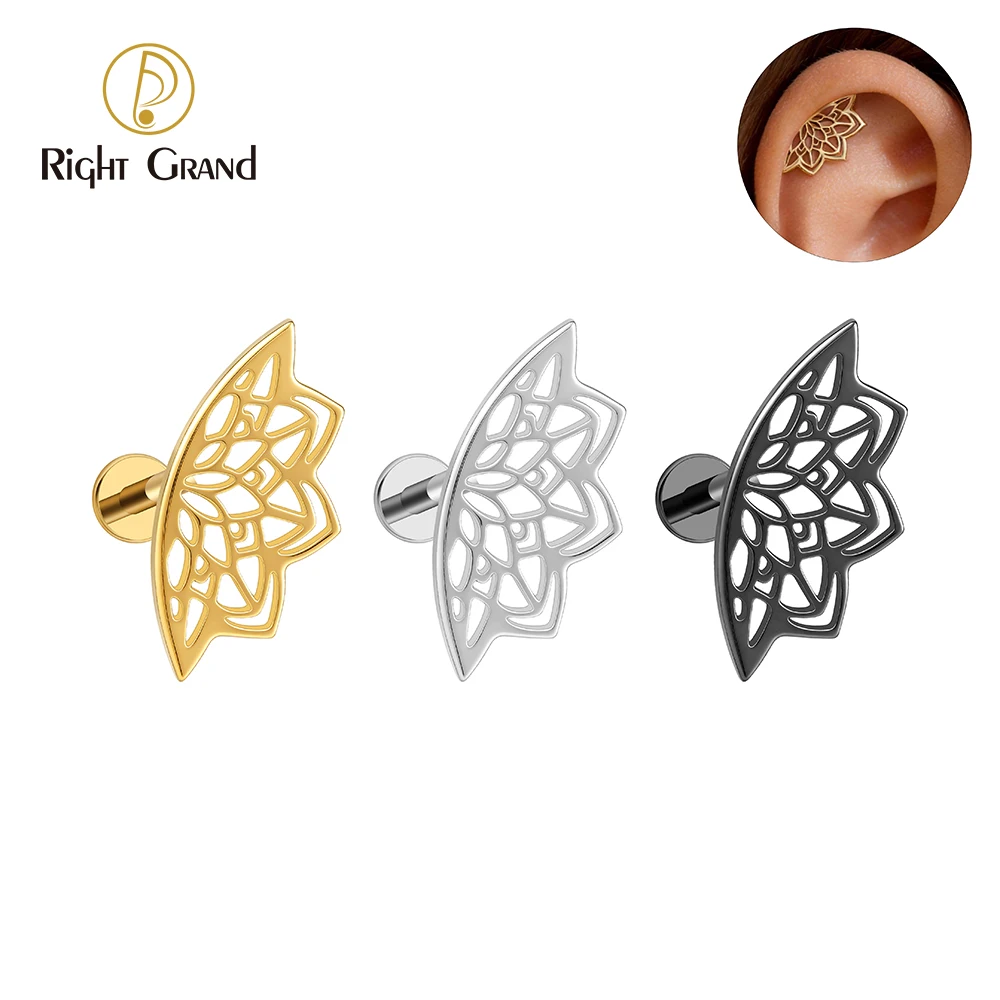 Right Grand Piercing de Orelha em Titânio ASTM F136 – Modelo Flor de Lótus (Estilo Hidden Helix / Floating Helix) – Haste 16G – Estilo Gótico Punk – Base Plana (Flat Back)
