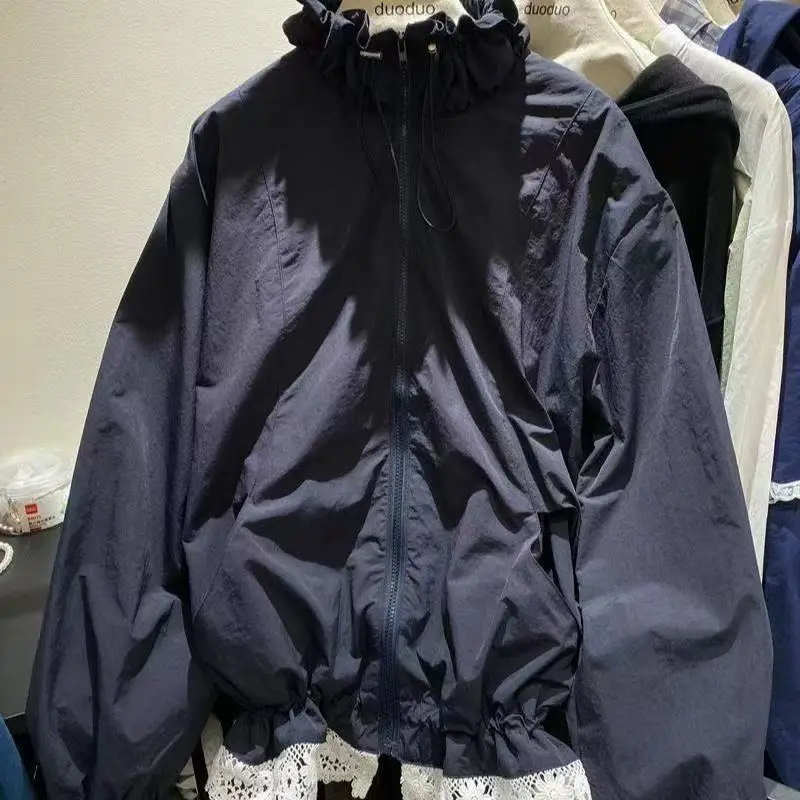2026 New Lapel Solid Color Splicing Hem Elastic Lace Thin Sunscreen Jacket