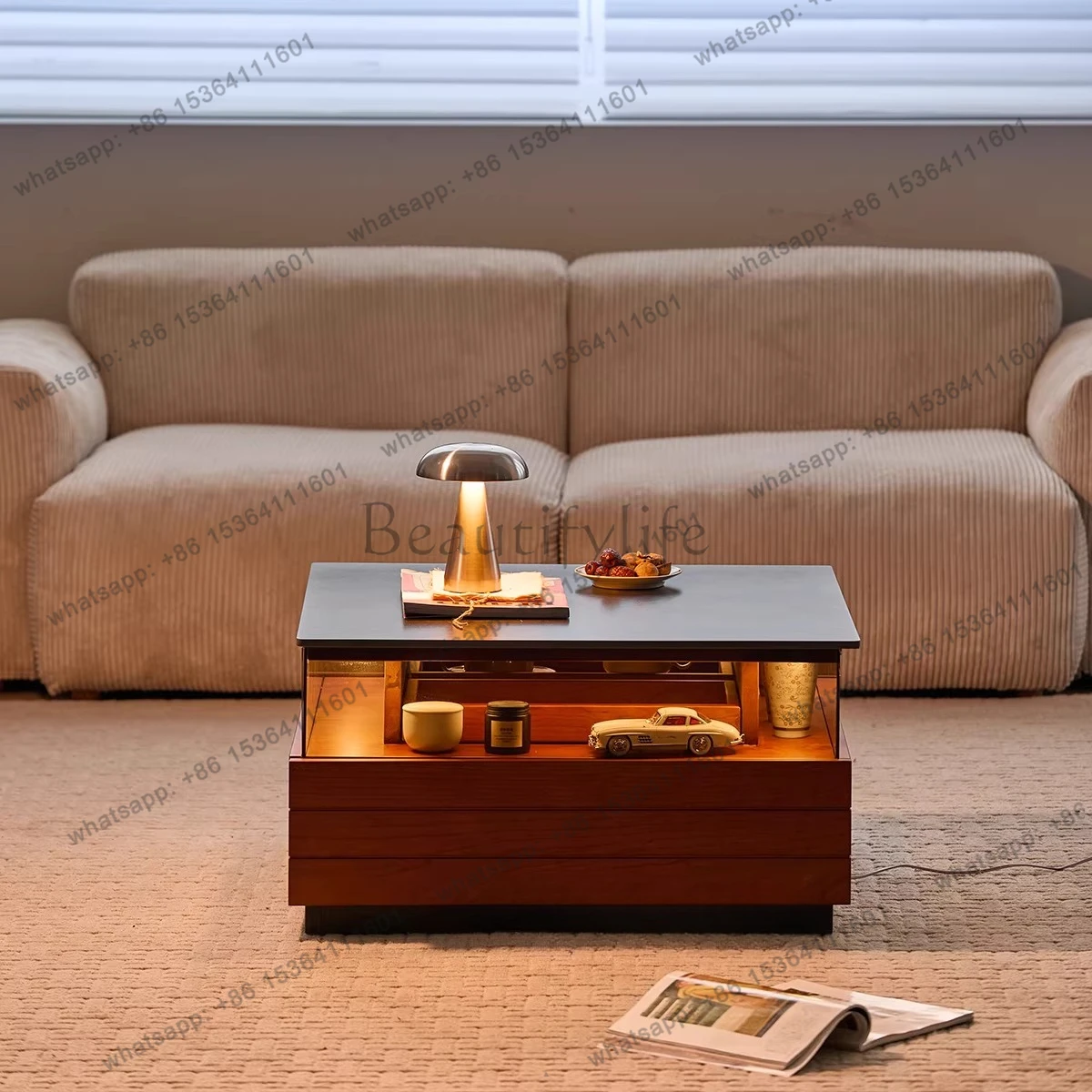 Cherry wood floor-to-ceiling coffee table square small apartment Nordic Japanese rock slab tea table