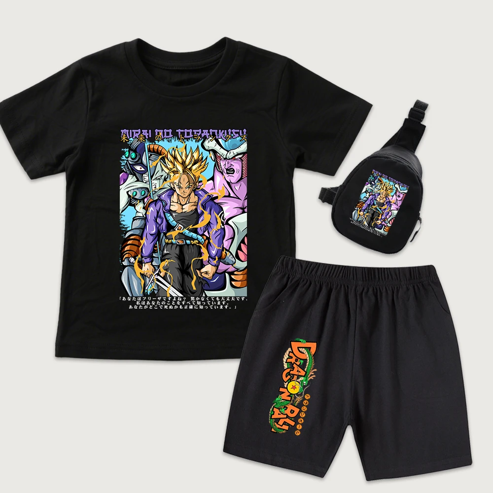 DBZ Future Trunks Print Kids Cotton T Shirt and Shorts Set with Mini Chest Bag 3 Pieces Boys Girls Casual Summer Outfit