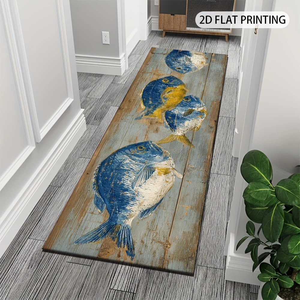 1pc Vintage Hand‑Painted Blue‑Yellow Fish Printed Long Runner Rug, Distressed Wood‑Grain Floor Mat, Spring‑Summer Home Decor