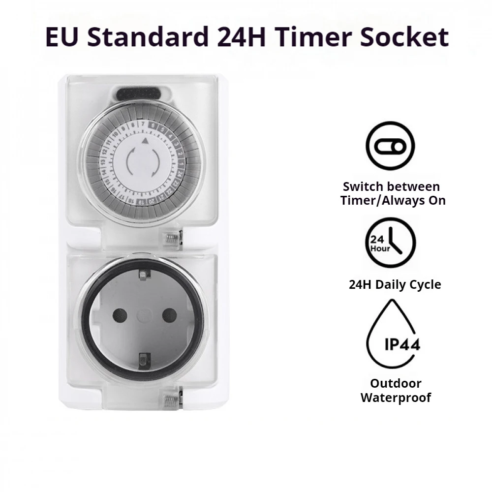 Mechanical Timer Socket 24-Hour Cycle Automatic Switch Electrical Outlet Support 16A 3680W High-Power IP44 Waterproof Timer