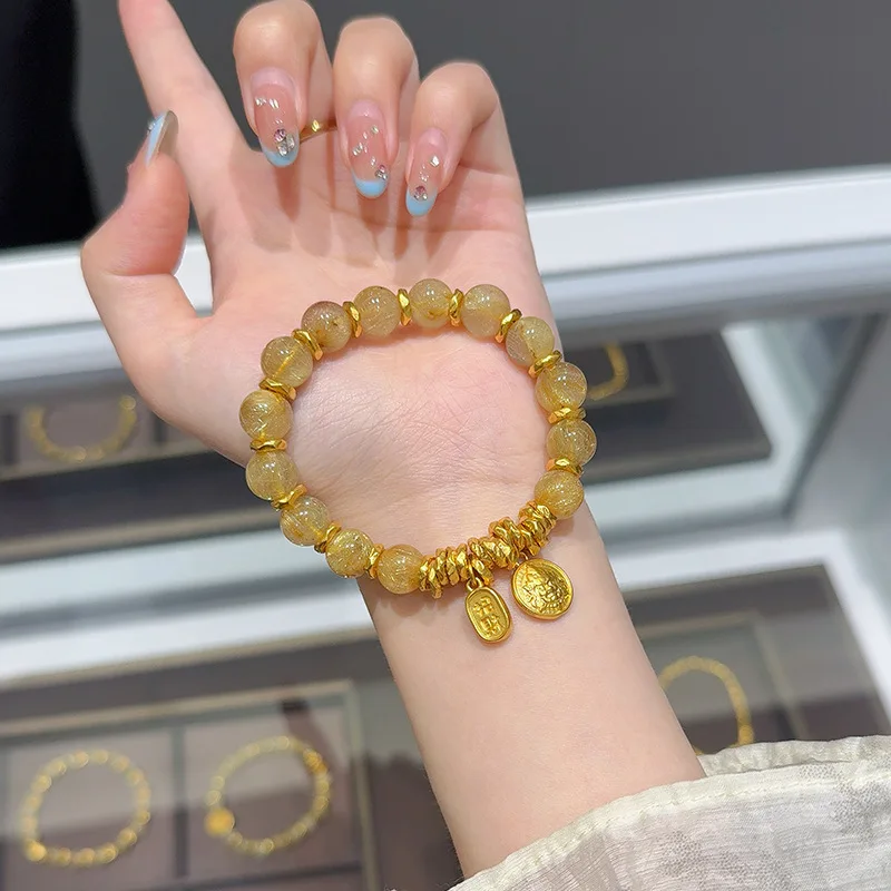 God of Wealth Coil Faux Golden Hair Crystal Bracelet New Ins Design Lucid Lucky Hand String for Girlfriend's Day Birthday Gifts