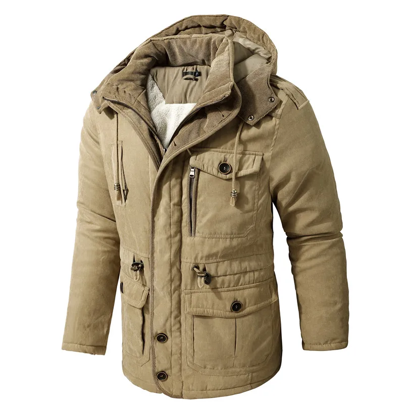 Parka à capuche en coton à manches longues pour hommes, veste décontractée, peluche, chaud, européen, extérieur, nouveau, hiver