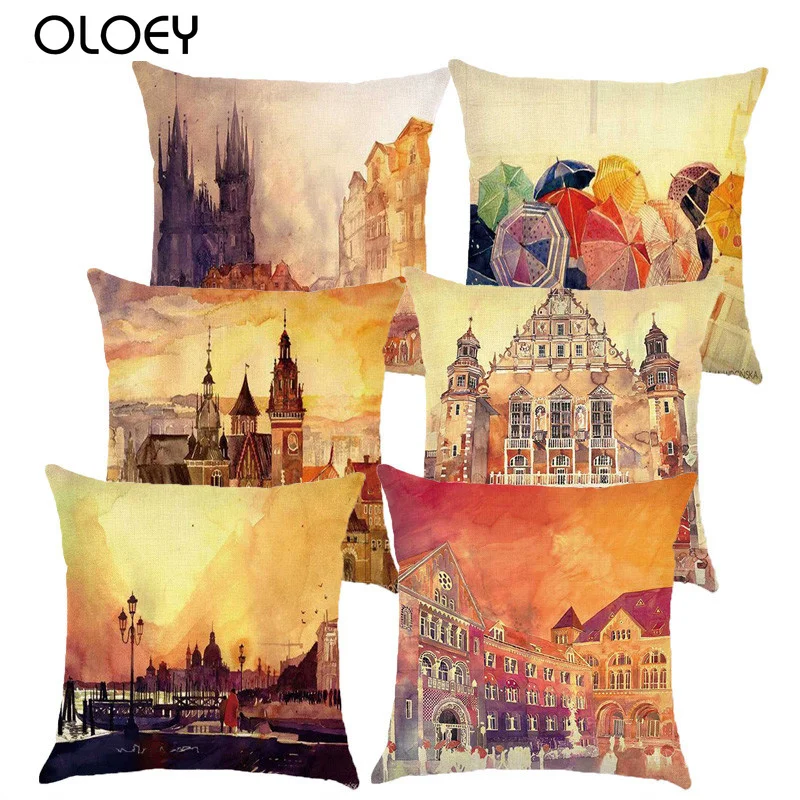 Printing Landscape Painting Linen Cushion Cover Size 45x45cm Home Bedroom Office Hotel Car Decoration Cushion Cover