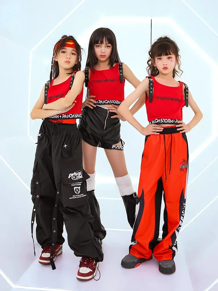 

New Jazz Modern Dance Costume for Girls Boys Red Vest T Shirt Hip Hop Casual Pants Suit Kids Hip Hop Dancing Performance Clothes