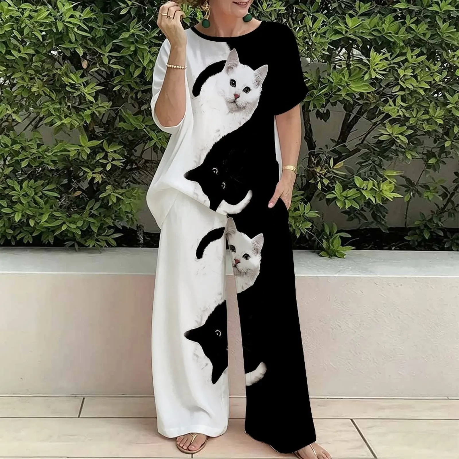 Plus Size Women Casual Print Two Piece Set Round Neck Everyday Commuting Clothes Beach Vacation Sweatpants