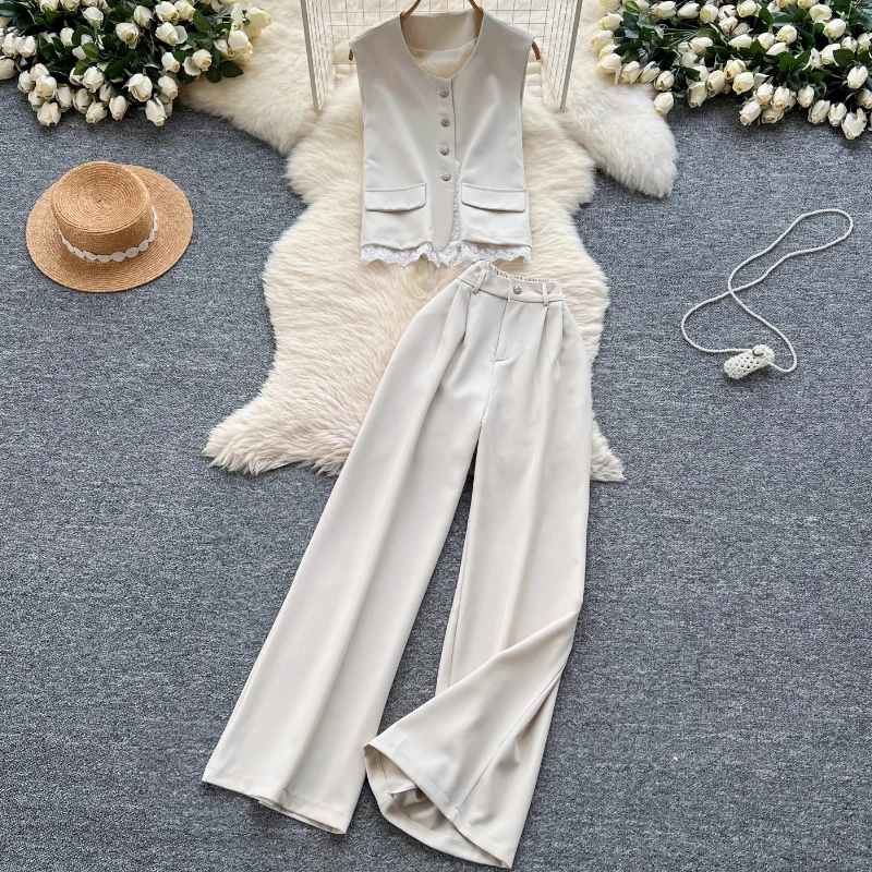 

New Vintage Women's Vest Jacket Sleeveless+Leisure Trousers 2-piece Set Korean Fashion Ladies Waistcoat Long Pants Commuter Suit
