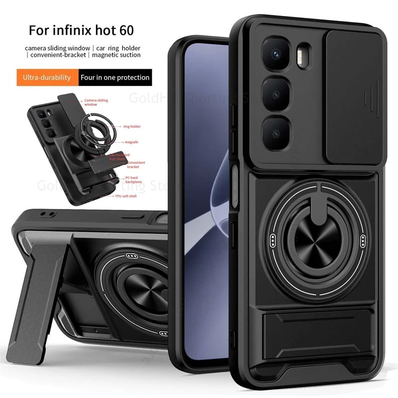 

For Infinix Hot 60i 50 Pro Plus Push Window Slide Lens Protector Cases Note 50 Pro Plus 5G Magnetic Ring Heavy Duty Stand Cover