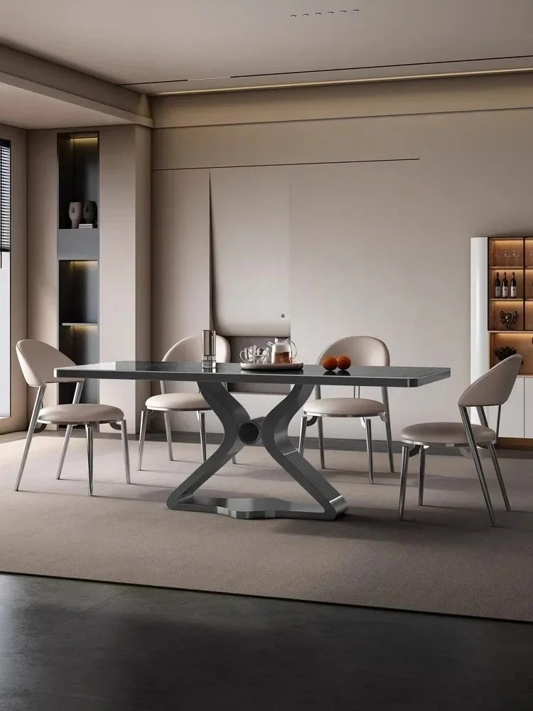 อิตาเลี่ยน Minimalist หรูหราโต๊ะรับประทานอาหารเก้าอี้ผสมหนาหินแผ่นตารางโมเดิร์นสี่เหลี่ยมผืนผ้า High-G
