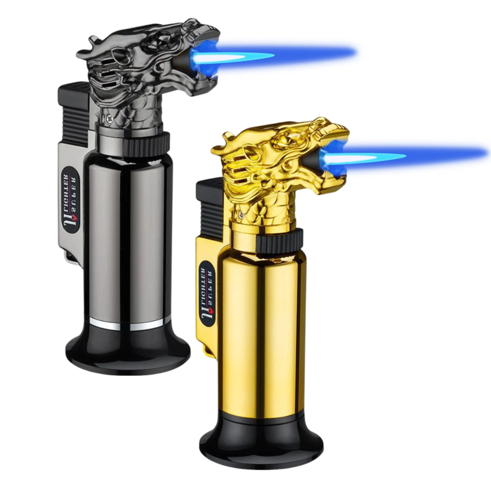 2 Pack Butane Refillable Jet Flame Dragon Lighter with Lockable Function and Adjustable Flame Windproof Lighter (Without Butane)