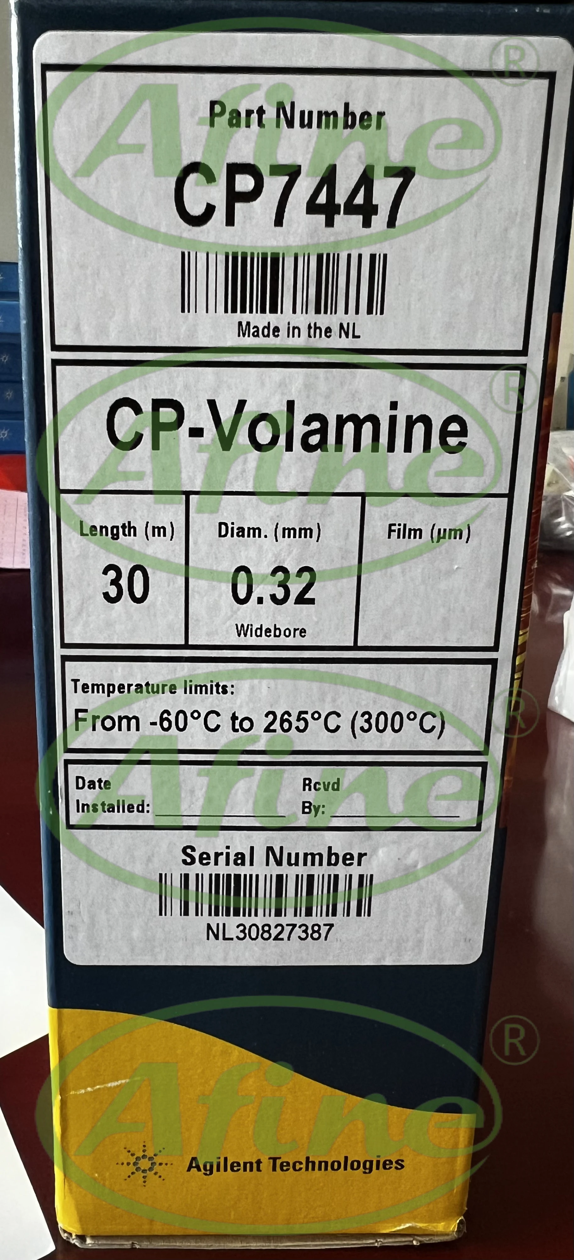 

AFINE,CP7447 JW CP-Volamine Gas Chromatography Column, 30 m, 0.32 mm, 7 in. Rack Agilent 5890,6890,7820,7890,8860,8890