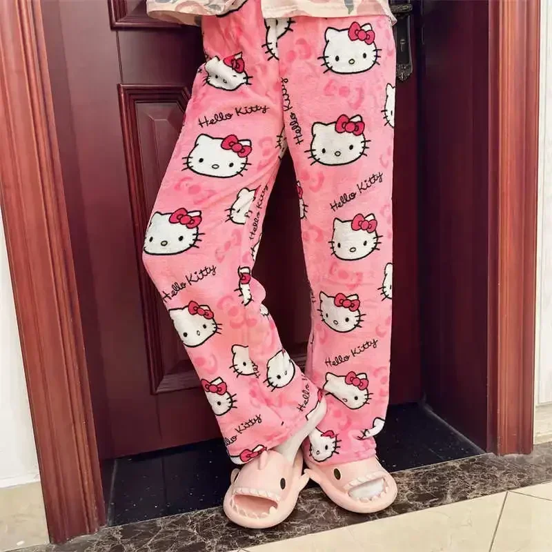 Halloween Thicken Hello Kitty Pajama Pants Sanrio Anime Fleece Double Elastic Fabric Soft Trousers Women Cartoon Birthday Gift